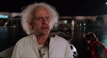 Movie still from “Back to the Future” (1985), directed by Robert Zemeckis – A person wearing a wig; Close Up shot, Low angle
