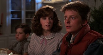 Movie still from “Back to the Future” (1985), directed by Robert Zemeckis – A group of young people standing next to each other in a room; Close Up shot, Over the shoulder angle