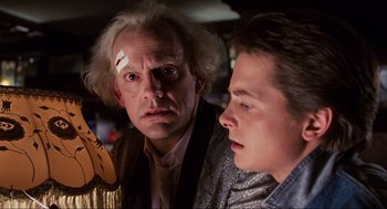 Movie still from “Back to the Future” (1985), directed by Robert Zemeckis – A man and a boy looking at each other; Close Up shot, Over the shoulder angle