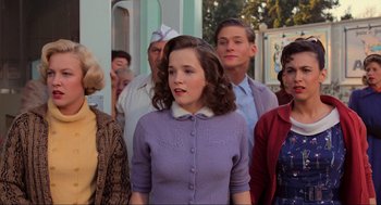 Movie still from “Back to the Future” (1985), directed by Robert Zemeckis – A group of people standing in front of each other; Medium shot, Over the shoulder angle