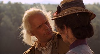 Movie still from “Back to the Future Part III” (1990), directed by Robert Zemeckis – A man and a woman talking to each other; Close Up shot, Over the shoulder angle