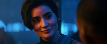 Movie still from “Bad Boys for Life” (2020), directed by Adil El Arbi – A woman's face in the dark; Close Up shot, Over the shoulder angle