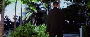 Movie still from “Bad Boys II” (2003), directed by Michael Bay – A man in a suit standing in the middle of a lush green forest; Medium shot, Over the shoulder angle