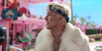 Movie still from “Barbie” (2023), directed by Greta Gerwig – A man in a white fur coat and a black headband; Close Up shot, Low angle