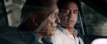 Movie still from “The Judge” (2014), directed by David Dobkin – Two men looking at each other through a glass window; Close Up shot, Over the shoulder angle
