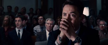 Movie still from “The Judge” (2014), directed by David Dobkin – A group of people sitting in front of a man; Close Up shot, Over the shoulder angle