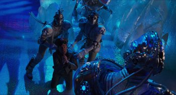 Movie still from “Batman & Robin” (1997), directed by Joel Schumacher – A group of people in a room with lights on them; Wide shot, High angle