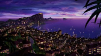 Movie still from “Batman: Soul of the Dragon” (2021), directed by Sam Liu – A painting of a city with a mountain in the background; Extreme Wide shot, High angle