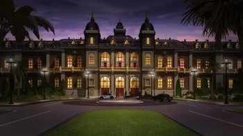 Movie still from “Batman: Soul of the Dragon” (2021), directed by Sam Liu – An image of a building that is lit up at night; Extreme Wide shot, Low angle