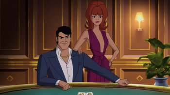 Movie still from “Batman: Soul of the Dragon” (2021), directed by Sam Liu – A man and a woman sitting at a table in front of cards; Medium shot, Over the shoulder angle