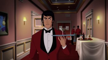 Movie still from “Batman: Soul of the Dragon” (2021), directed by Sam Liu – An animated man in a red tuxedo holding a tray of drinks; Medium shot, Over the shoulder angle