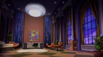 Movie still from “Batman: Soul of the Dragon” (2021), directed by Sam Liu – An empty room with a painting on the wall; Extreme Wide shot, Low angle