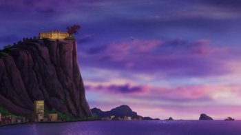 Movie still from “Batman: Soul of the Dragon” (2021), directed by Sam Liu – A painting of a castle on top of a cliff; Extreme Wide shot, Low angle