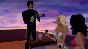 Movie still from “Batman: Soul of the Dragon” (2021), directed by Sam Liu – A man and a woman are drinking red wine; Medium shot, Over the shoulder angle