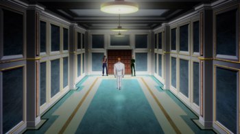 Movie still from “Batman: Soul of the Dragon” (2021), directed by Sam Liu – A man standing in front of two other people; Extreme Wide shot, High angle