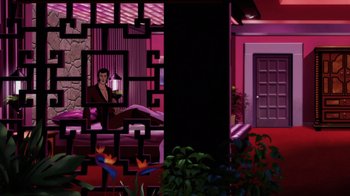 Movie still from “Batman: Soul of the Dragon” (2021), directed by Sam Liu – A painting of a man looking in a mirror in a room; Wide shot, High angle