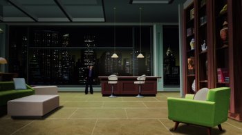 Movie still from “Batman: Soul of the Dragon” (2021), directed by Sam Liu – A man standing in front of a desk in an office; Extreme Wide shot, High angle