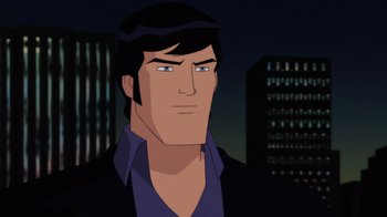 Movie still from “Batman: Soul of the Dragon” (2021), directed by Sam Liu – A man in a black jacket is looking at the camera; Close Up shot, Over the shoulder angle