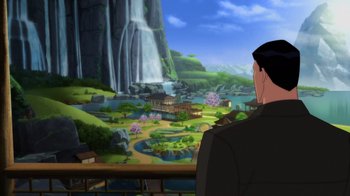 Movie still from “Batman: Soul of the Dragon” (2021), directed by Sam Liu – A man looking out over a valley with a waterfall; Extreme Wide shot, Over the shoulder angle