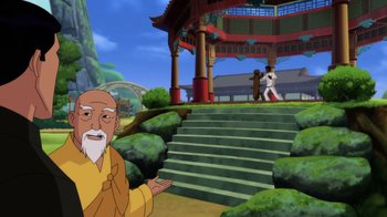 Movie still from “Batman: Soul of the Dragon” (2021), directed by Sam Liu – An animated picture of a man in a yellow robe; Extreme Wide shot, Low angle