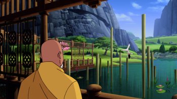 Movie still from “Batman: Soul of the Dragon” (2021), directed by Sam Liu – An animated scene of a man looking out over a body of water; Extreme Wide shot, Over the shoulder angle
