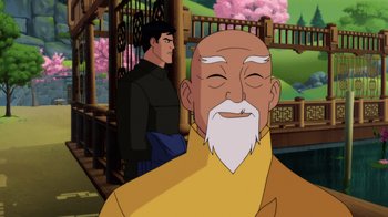Movie still from “Batman: Soul of the Dragon” (2021), directed by Sam Liu – A man with a bald head and a beard; Medium shot, Over the shoulder angle
