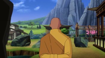 Movie still from “Batman: Soul of the Dragon” (2021), directed by Sam Liu – An image of an animated monk in a cartoon style; Extreme Wide shot, Over the shoulder angle