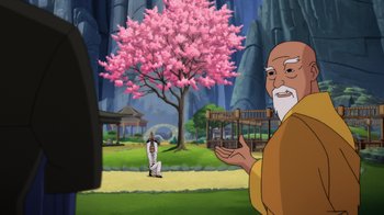 Movie still from “Batman: Soul of the Dragon” (2021), directed by Sam Liu – An animated scene of a man holding a bird cage; Wide shot, Over the shoulder angle