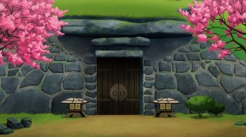 Movie still from “Batman: Soul of the Dragon” (2021), directed by Sam Liu – An illustration of a door and a stone wall; Extreme Wide shot, High angle