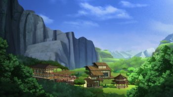 Movie still from “Batman: Soul of the Dragon” (2021), directed by Sam Liu – An artistic painting of a mountain and a village; Extreme Wide shot, High angle