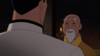 Movie still from “Batman: Soul of the Dragon” (2021), directed by Sam Liu – An old man is looking at himself in the mirror; Close Up shot, Over the shoulder angle