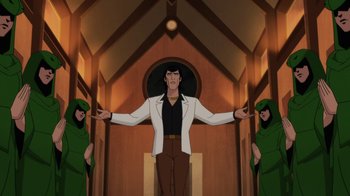 Movie still from “Batman: Soul of the Dragon” (2021), directed by Sam Liu – A man standing in front of two women in a room; Wide shot, Low angle