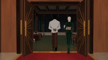 Movie still from “Batman: Soul of the Dragon” (2021), directed by Sam Liu – A man and a woman standing in front of an open door; Wide shot, Low angle