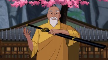 Movie still from “Batman: Soul of the Dragon” (2021), directed by Sam Liu – An animated picture of a man with a beard holding a sword; Medium shot, Low angle