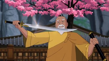 Movie still from “Batman: Soul of the Dragon” (2021), directed by Sam Liu – An animated monk holding a sword in front of a tree; Medium shot, Low angle