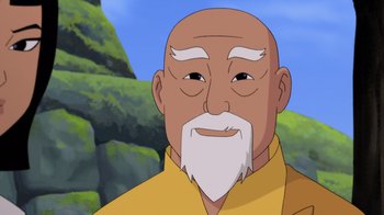 Movie still from “Batman: Soul of the Dragon” (2021), directed by Sam Liu – An old man with a white beard is looking at the camera; Close Up shot, Low angle