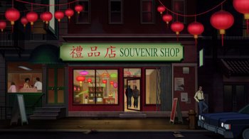 Movie still from “Batman: Soul of the Dragon” (2021), directed by Sam Liu – An oriental store front at night with red lanterns hanging from the ceiling; Extreme Wide shot, High angle