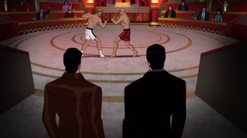 Movie still from “Batman: Soul of the Dragon” (2021), directed by Sam Liu – Two men are boxing in front of two other men; Wide shot, High angle