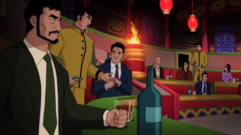 Movie still from “Batman: Soul of the Dragon” (2021), directed by Sam Liu – A group of people in a room with drinks on the table; Medium shot, Over the shoulder angle