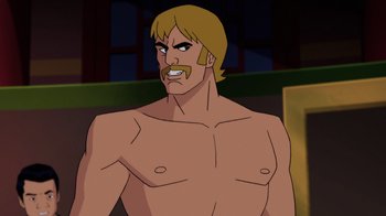 Movie still from “Batman: Soul of the Dragon” (2021), directed by Sam Liu – A cartoon picture of a man with no shirt and no shirt; Medium shot, Over the shoulder angle