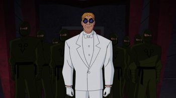 Movie still from “Batman: Soul of the Dragon” (2021), directed by Sam Liu – A man in a white suit standing in front of a group of soldiers; Medium shot, Over the shoulder angle