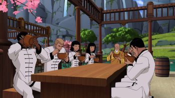 Movie still from “Batman: Soul of the Dragon” (2021), directed by Sam Liu – A group of people sitting around a table; Wide shot, High angle
