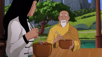 Movie still from “Batman: Soul of the Dragon” (2021), directed by Sam Liu – Two people sitting at a table holding chopsticks; Medium shot, Over the shoulder angle