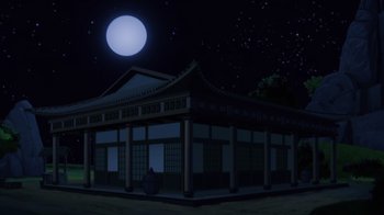 Movie still from “Batman: Soul of the Dragon” (2021), directed by Sam Liu – An asian building with a full moon in the night sky; Extreme Wide shot, Low angle
