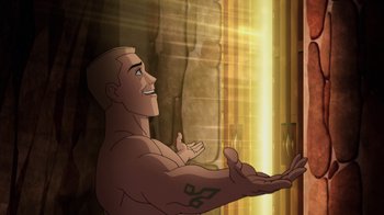 Movie still from “Batman: Soul of the Dragon” (2021), directed by Sam Liu – A cartoon of a man with a tattoo on his arm; Medium shot, Over the shoulder angle