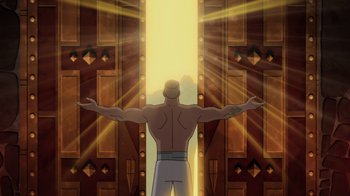 Movie still from “Batman: Soul of the Dragon” (2021), directed by Sam Liu – A man with his arms outstretched standing in front of a door; Wide shot, Low angle