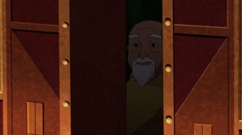 Movie still from “Batman: Soul of the Dragon” (2021), directed by Sam Liu – An old man with a long white beard looking at himself in a mirror; Close Up shot, Over the shoulder angle