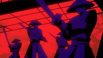 Movie still from “Batman: Soul of the Dragon” (2021), directed by Sam Liu – A group of people standing next to each other holding swords; Wide shot, Low angle