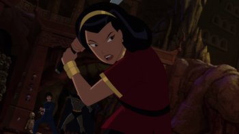 Movie still from “Batman: Soul of the Dragon” (2021), directed by Sam Liu – A woman with long black hair is holding a sword; Medium shot, Over the shoulder angle