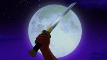 Movie still from “Batman: Soul of the Dragon” (2021), directed by Sam Liu – A person holding a sword in front of the moon; Medium shot, Low angle